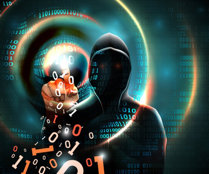 Computer hacker with a hood touches the touch screen binary code. Light waves on abstract binary dark background hacker silhouette. Hacking computer system, database server, data theft, vector